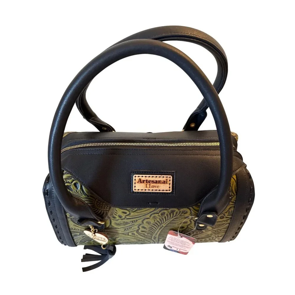 Handmade Tooled Vegan Leather Satchel Olive Green Shoulder Bag Large Women‎